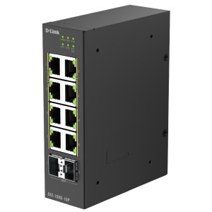 D-Link DIS-100G-10P 10-Port Unmanaged Industrial Gigabit PoE+ Switch, 2 SFP slots, Plug-and-play, Fanless, DIN-rail mount
